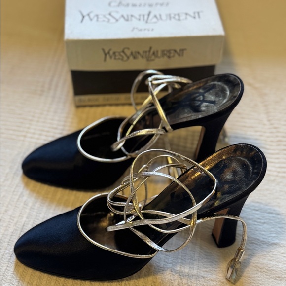 Yves Saint Laurent Shoes - Vintage YSL Yves Saint Laurent Black Satin Wrap Heel - Size 7N